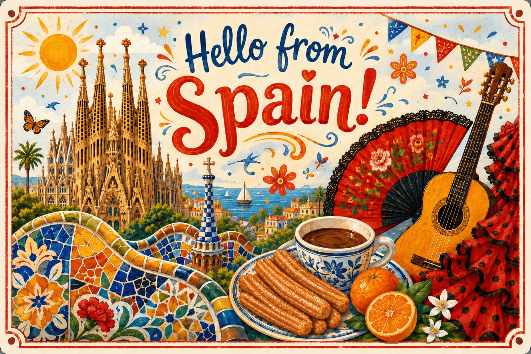 Illustrated 'Hello from Spain!' postcard front.